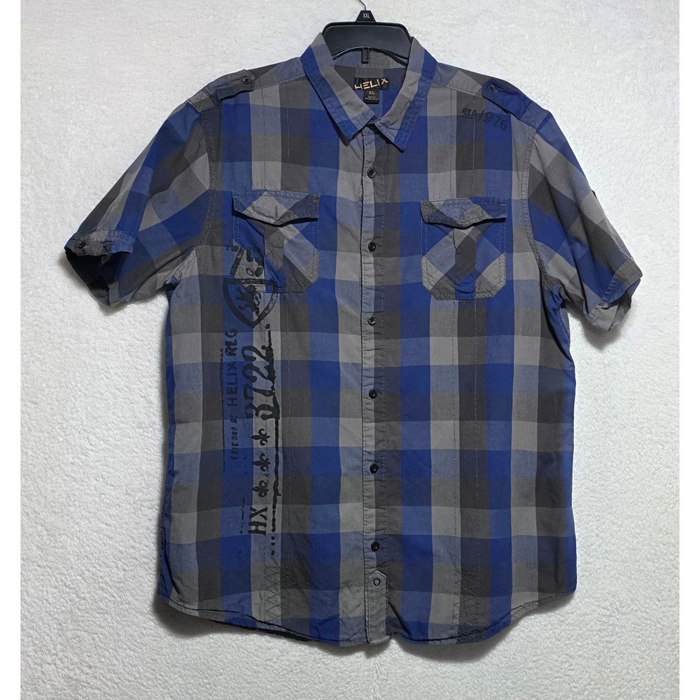 Helix Men's XL Short Sleeve Plaid Button Down Shirt Blue Grey Graphic Y2K Cotton